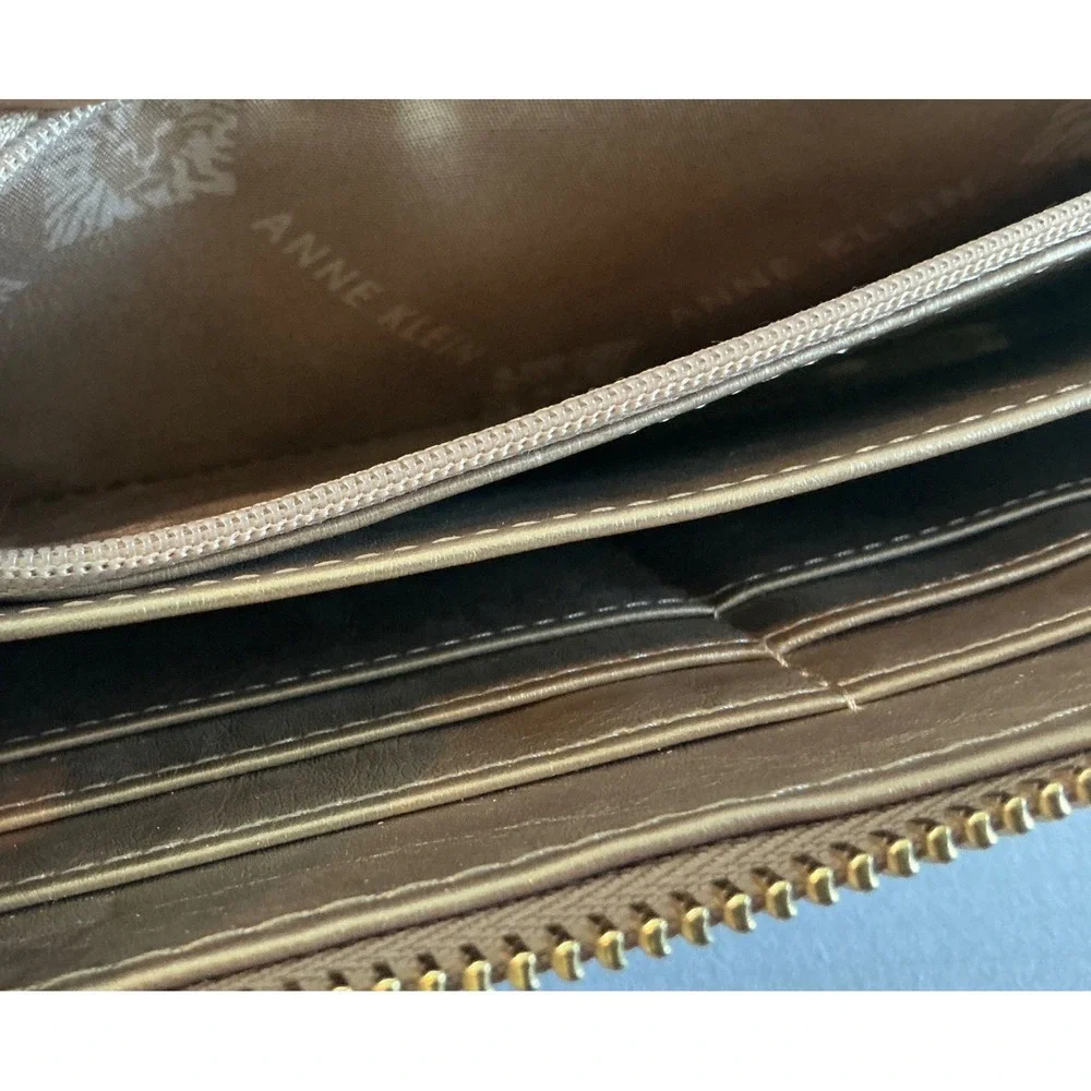 Anne Klein Monogram Zip Around Wallet Taupe Beige Logo Gold Tone Lion Large Slim